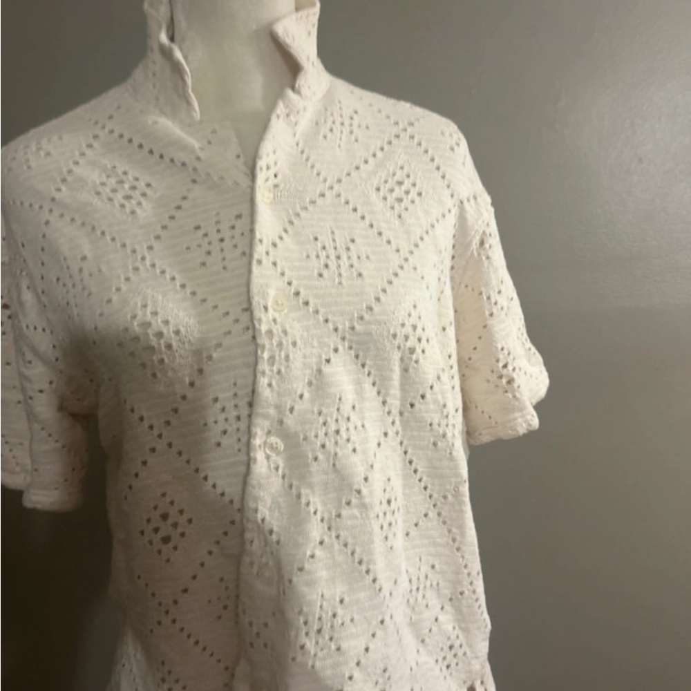 Zara Men's White Short Sleeve Eyelet Button-Down Shirt